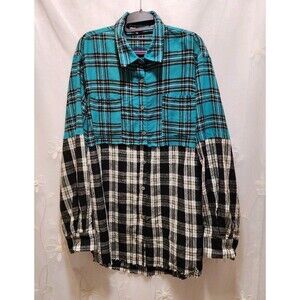 La Miel Womens Large Green Shirt Colorblock Plaid Flannel Shacket Farm Western